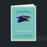 Carte Casquette bleue - Fêtes en français<br><div class="desc">Casquette de graduation bleue en turquoise arrière - plan et cadre jaune - carte de félicitations design moderne en français pour les diplômes du secondaire - facile de customiser cette carte maintenant avec un nom .Vous pouvez ajouter plus de texte /photo etc.</div>