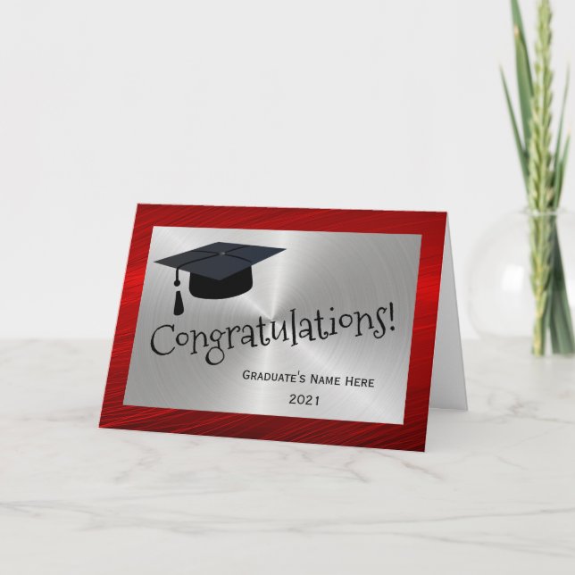 Carte Casquette moderne Red Silver Félicitations Graduat (Devant)