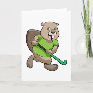 Carte Castor au hockey avec une batte de hockey