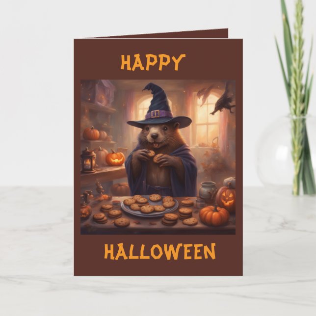 Carte Castor dans un costume de sorcière pour Halloween (Devant)