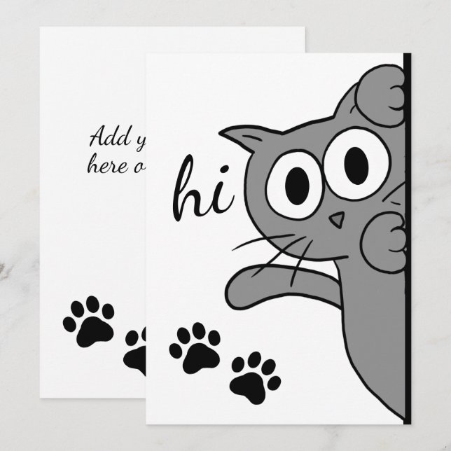 Carte Cat Dire Bonjour Grey Texte Personnalisé Plat (Devant / Derrière)