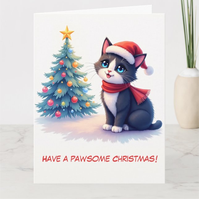 Carte Cat et sapin de Noël noir et blanc (Devant)