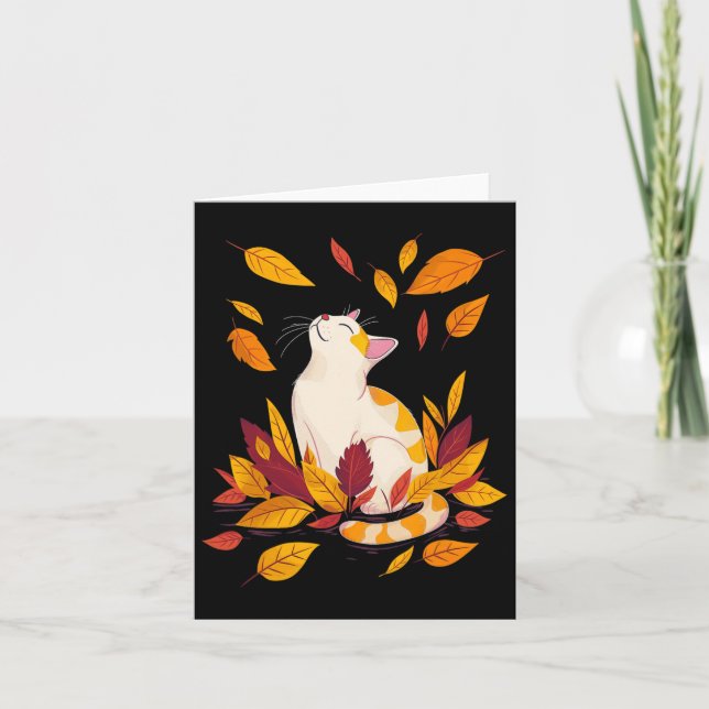 Carte Cat Fall Leaf Tree Bonjour Automne Thankgiving (Devant)