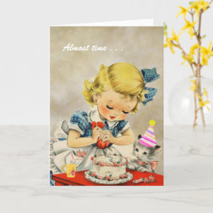 Carte Cat Little Girl Baking Cake Joyeux Anniversaire