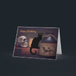 Carte Cat noir effrayant et crâne Halloween Joyeux anniv<br><div class="desc">Cette joyeuse carte de voeux d'anniversaire comporte un chat noir effrayant et un crâne éffrayant avec une bouteille de potion. L'accueil peut être modifié...  Salutation intérieure ~ Je vous souhaite un très joyeux anniversaire! J'espère que ça vous donne envie de lui et de crier. *</div>