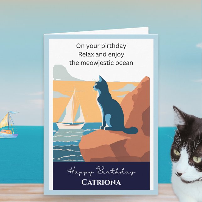 Carte Cat Ocean View Retro Personnalisé Joyeux anniversa (A personalized birthday card with picture of a cat looking out to sea and funny caption)