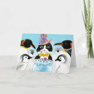 Carte Cat, Penguins, Cake Birthday Card