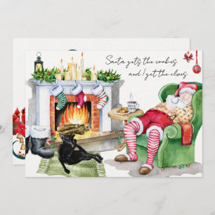 Carte Cat reçoit les elfes drôle Père Noël voeux de Noël