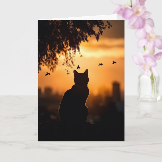 Carte Cat Sympathy Loss of Cat Sunset With Birds (Orchidée)