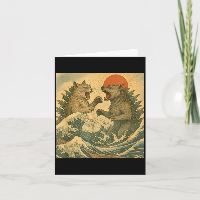 Carte Cat Vs Dog Kaiju Monster Japanese Ukiyo-e Style Me (Devant)