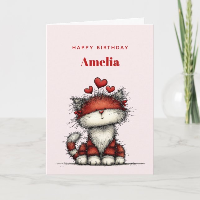 Carte Cat with Red Love Hearts Cute and Funny Birthday (Devant)