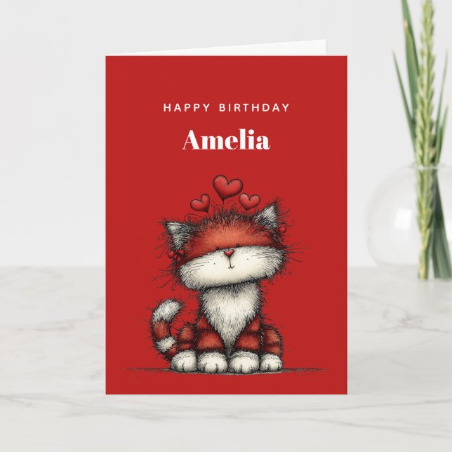Carte Cat with Red Love Hearts Cute and Funny Birthday (Devant)