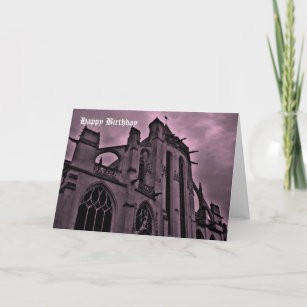 Carte Cathédrale gothique en violet Joyeux anniversaire