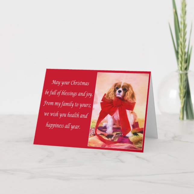 Carte Cavalier King Charles de Noël avec nœud roug (Devant)