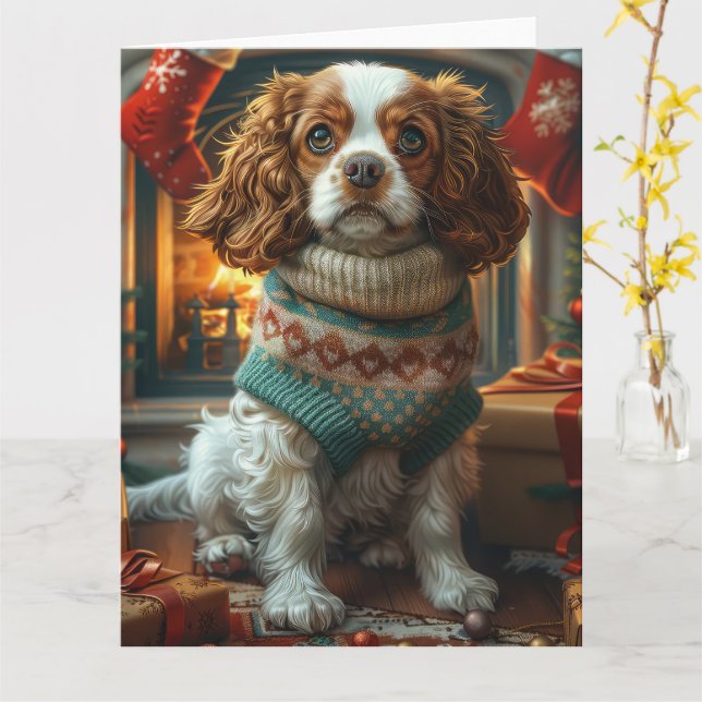 Carte Cavalier King Charles Spaniel avec cadeaux de Noël (Fleur jaune)