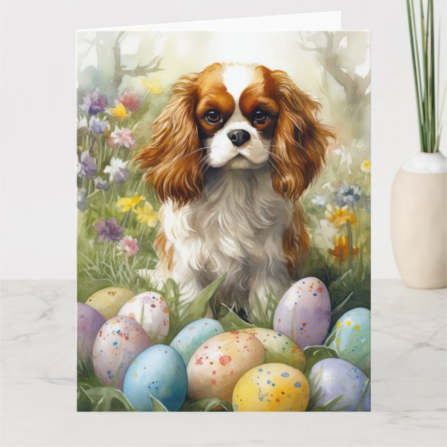 Carte Cavalier King Charles Spaniel avec Oeufs de Pâques (Devant)