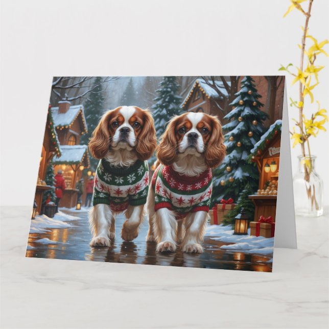 Carte Cavalier King Charles Spaniel Chiens Noël Neige (Fleur jaune)
