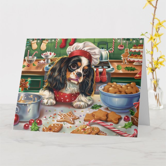 Carte Cavalier King Charles Spaniel Cuisinant pour Noël (Fleur jaune)