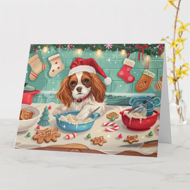 Carte Cavalier King Charles Spaniel Cuisinant pour Noël (Fleur jaune)