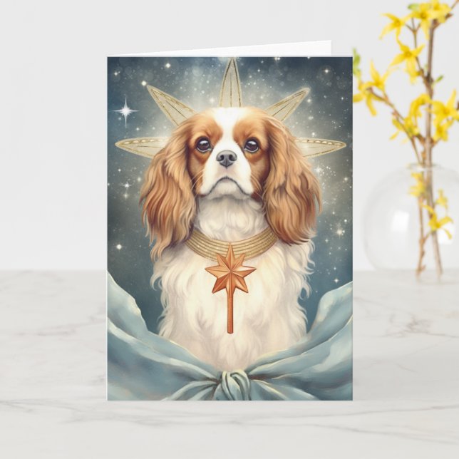 Carte Cavalier King Charles Spaniel en ange de Noël (Fleur jaune)