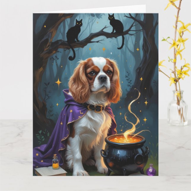 Carte Cavalier King Charles Spaniel Fantaisie Halloween  (Fleur jaune)