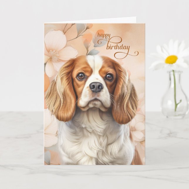 Carte Cavalier King Charles Spaniel Fleur Anniversaire (Petite plante)
