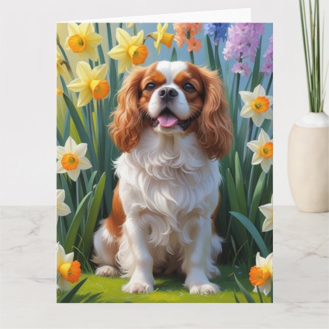 Carte Cavalier King Charles Spaniel Fleurs de printemps  (Devant)