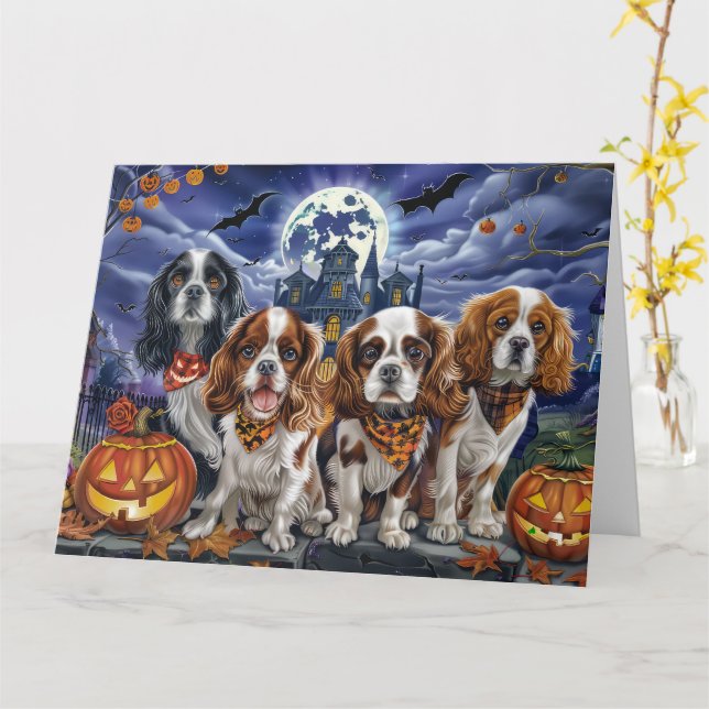 Carte Cavalier King Charles Spaniel Halloween Éffrayant (Fleur jaune)
