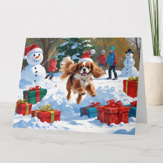 Carte Cavalier King Charles Spaniel Neige avec Noël  (Devant)