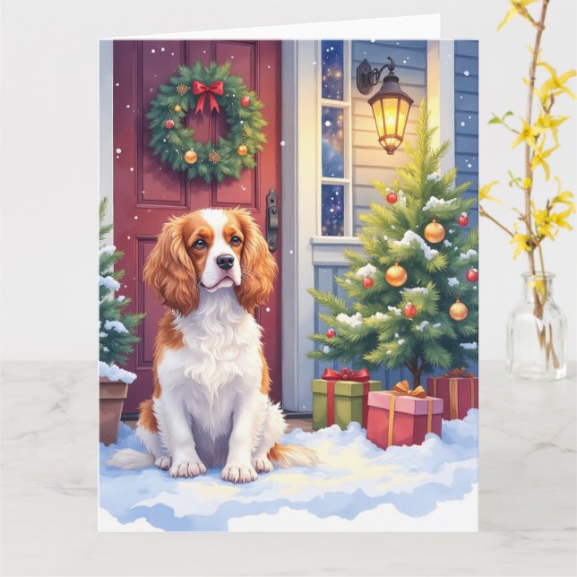 Carte Cavalier King Charles Spaniel Noël enneigé (Fleur jaune)