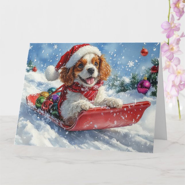 Carte Cavalier King Charles Spaniel Traîneau de Noël (Orchidée)