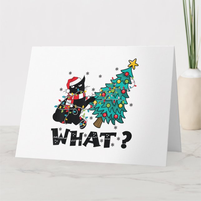 Carte Ce drôle Chat Noir Père Noël Poussant Arbre de Noë (Devant)