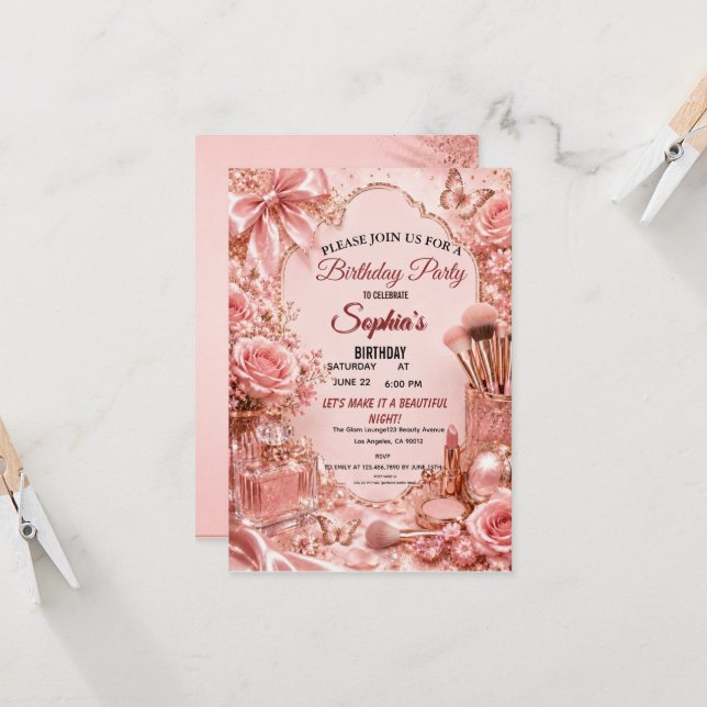 Carte Célébration d'anniversaire de beauté Rose Gold Gla (Devant/Arrière en situation)