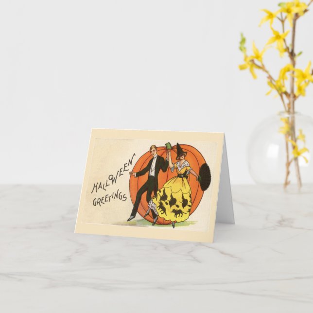Carte Célébration d'Halloween Couple dansant Citrouille  (Fleur jaune)