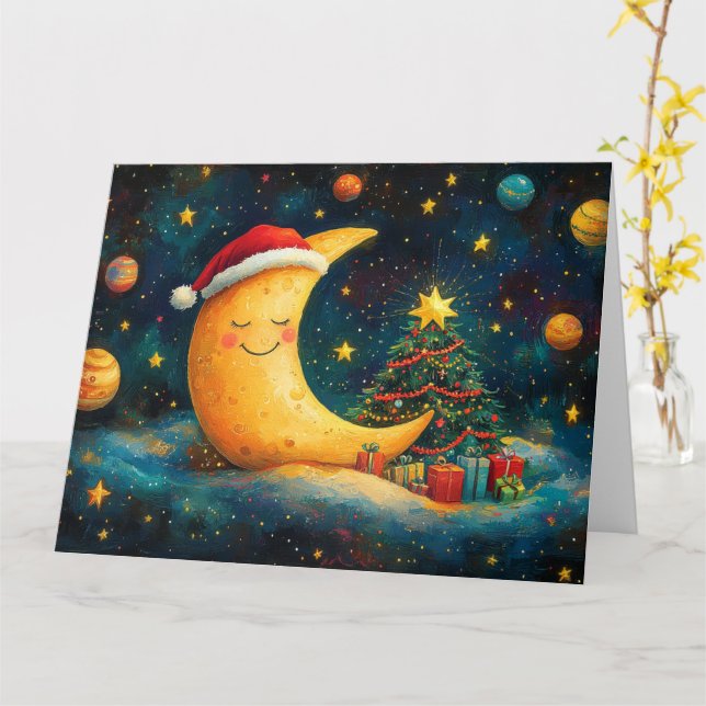 Carte Célébration drôle de la Lune de Noël dans la Galax (Fleur jaune)