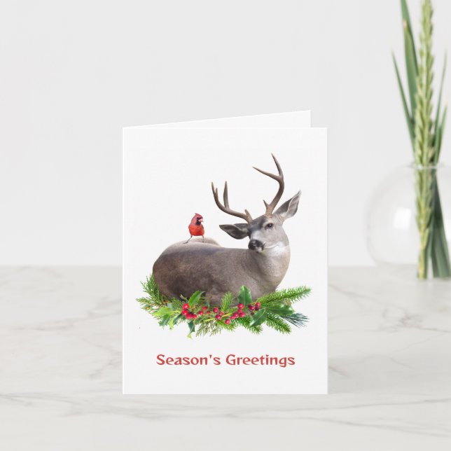 Carte Cerf avec Bonnes Fêtes d'oiseaux rouges (Devant)