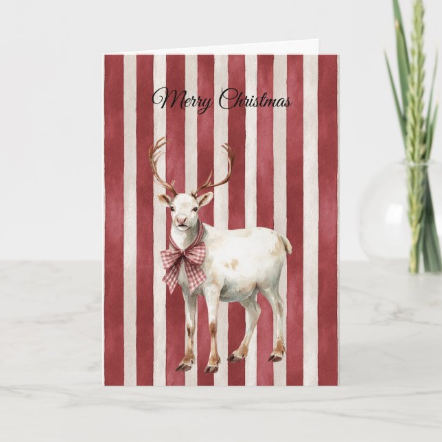Carte Cerf Blanc de Noël aux Rayures Rouges (Devant)