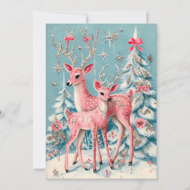Carte Cerf Coquette Rose Noël Vintage  (Devant)