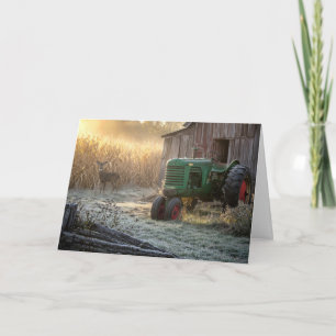 Carte Cerf d'anniversaire avec tracteur vert vintage