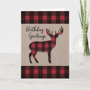 Carte Cerf d'anniversaire en rouge noir plaqué sur bois