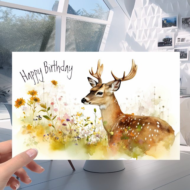 Carte Cerf dans la prairie aux fleurs - Aquarelle Annive (Créateur téléchargé)