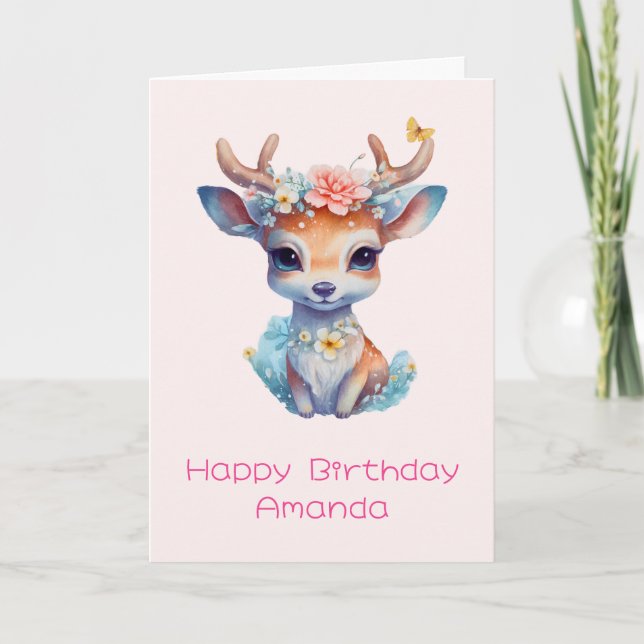 Carte Cerf de Bébé mignon avec Antlers et Fleurs Anniver (Devant)