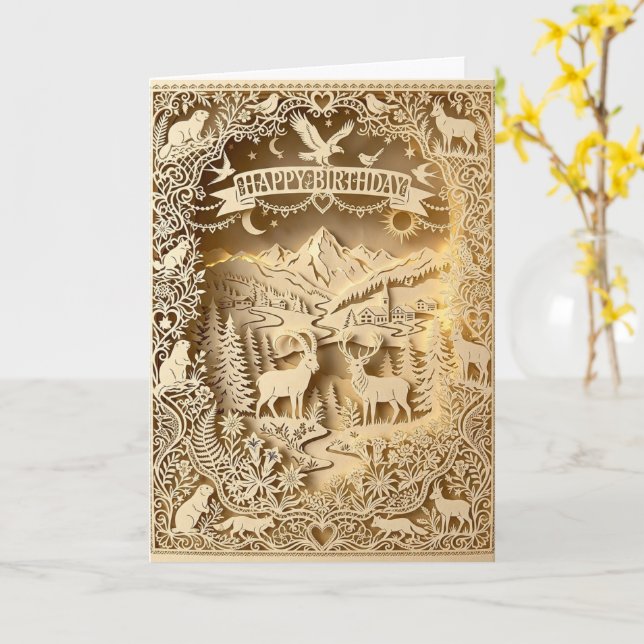 Carte Cerf de la forêt dorée en relief Joyeux Anniversai (Fleur jaune)