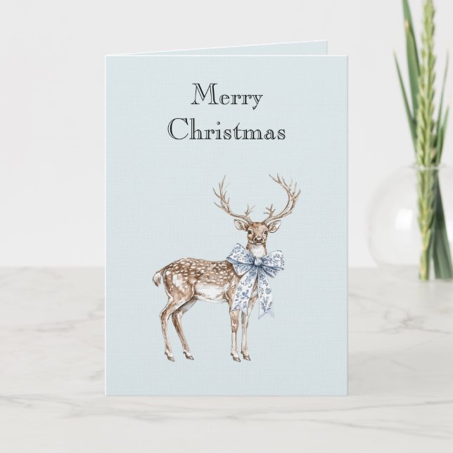 Carte Cerf de Noël au ruban bleu blanc (Devant)