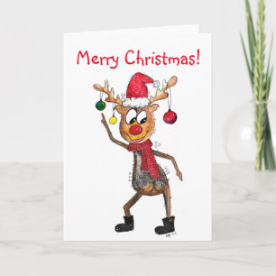 Carte Cerf de Noël dansant mignon et fantaisiste