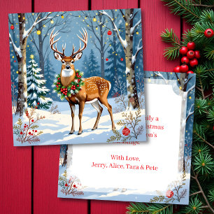 Carte Cerf de Noël en forêt d'hiver festive