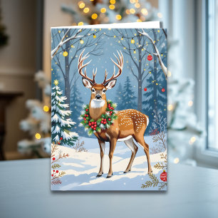 Carte Cerf de Noël en forêt d'hiver festive