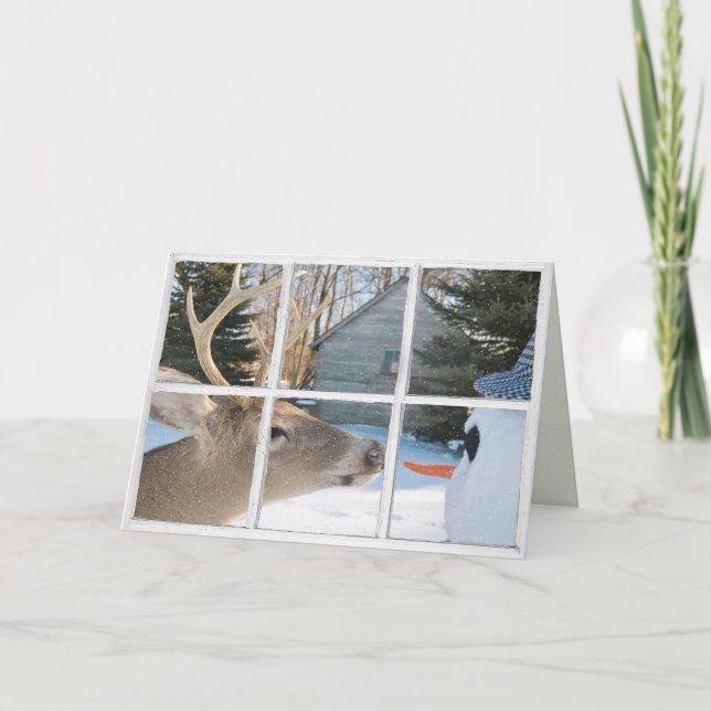 Carte Cerf de Noël et bonhomme de neige à la fenêtre (Devant)