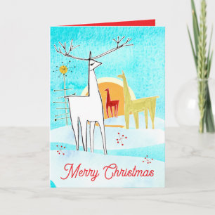 Carte Cerf de Noël Joyeux Noël Arbre de Fête de la neige