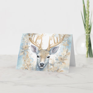 Carte Cerf de Noël majestueux en bleu et or
